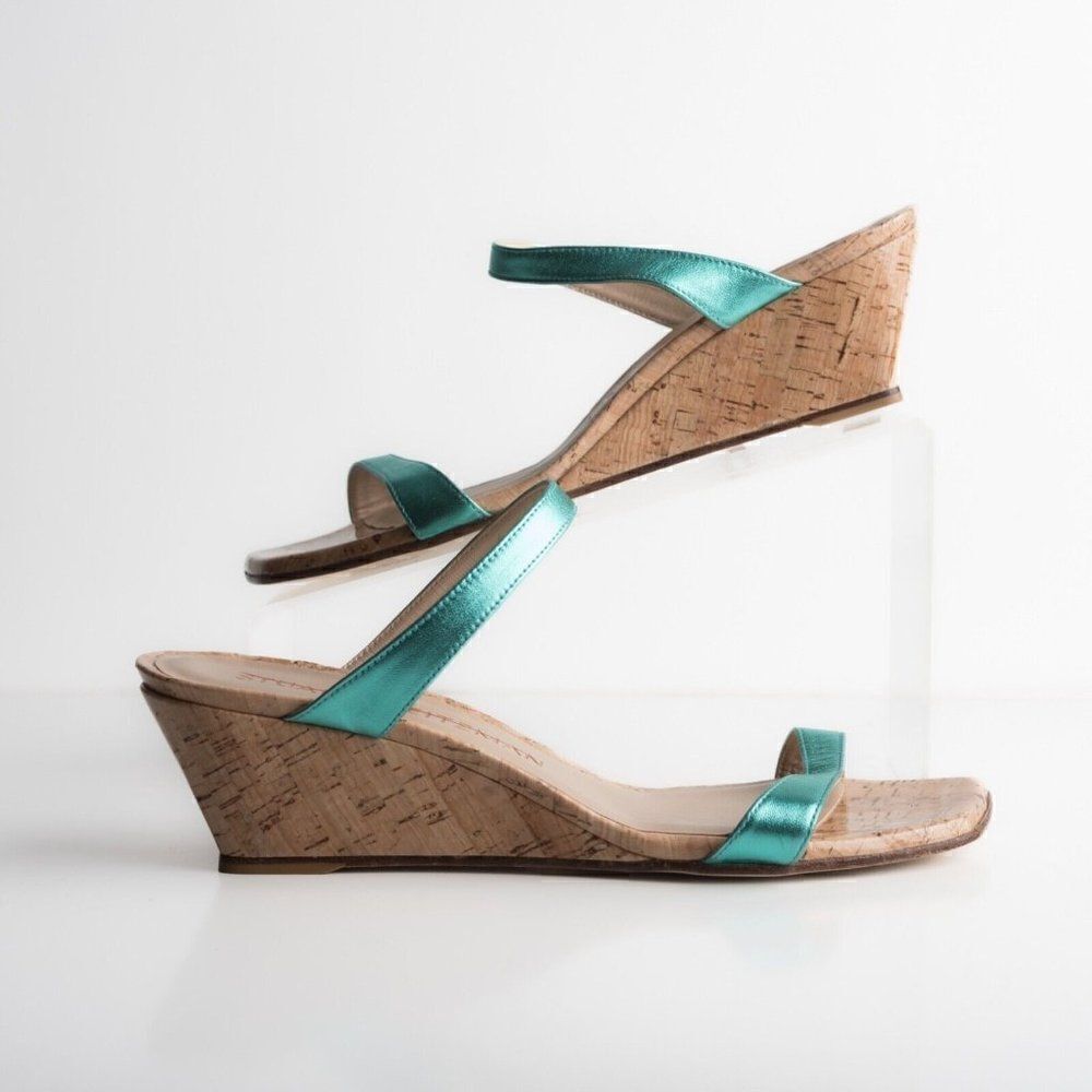 Stuart Weitzman Womens Aleena Wedge Sandals Capri Metallic Blue US 10 EU 41 New - Picture 2 of 8